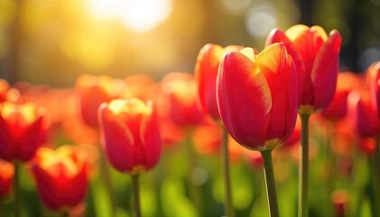 Vibrant tulips in full bloom, bathed in the warm glow of the spring sunshine A delightful display of color and freshness, perfect for spring-themed projects , light, bright