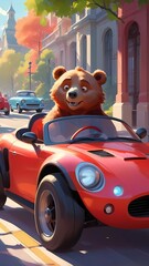 Watercolor bear in the car - Funny animal cartoon style