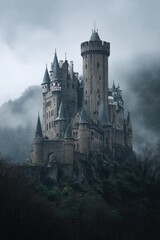 Stone Castle Shrouded in Mist on a Hilltop
