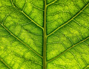 A backlit green leaf closeup displays intricate vein patterns, creating a textured and translucent natural design