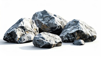 Naklejka premium A group of gray rocks with light and dark textures are clustered together against a bright white background