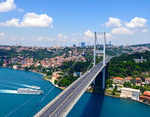 Obraz premium Panoramic view of a bridge spanning a waterway with a city landscape