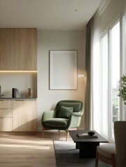 Fototapeta premium Sunlit Modern Apartment Interior with Green Velvet Armchair