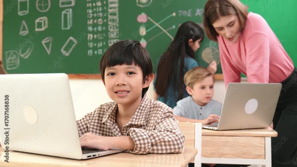 Poster cute boy coding engineering prompt while attractive girl drawing picture at blackboard. caucasian bo