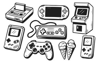 Retro gaming console doodle collection arcade joystick controller isolated on transparent background, generative ai