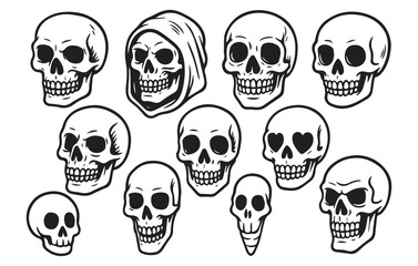 Skull doodle collection horror gothic tattoo isolated on transparent background, generative ai