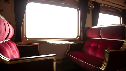 Luxurious train compartment red seats gold accents bright window