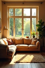Fototapeta premium Warm sunlight streams through a large window onto a cozy living room, highlighting comfortable furniture and inviting d?cor Perfect for a welcoming homepage , aesthetic, interior