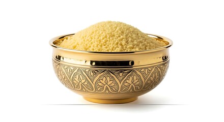 Ornate golden bowl filled with grains and decorative engravings.