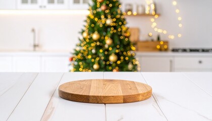 Christmas kitchen scene with tree and wooden board on white table.