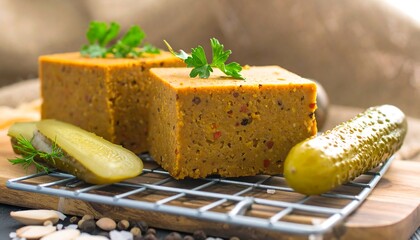 Golden-orange blocks of processed food, garnished with dill and pickles