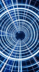Naklejka premium A vibrant digital tunnel of concentric rings, radiating bright lines of light, creates a dynamic, futuristic visual experience.