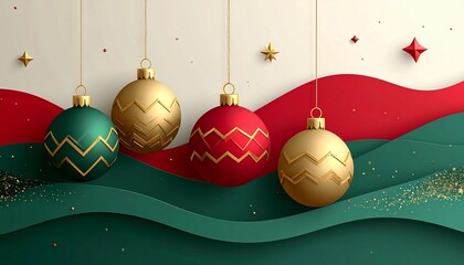 Festive Christmas ornaments in red, gold, and green with zigzag patterns.