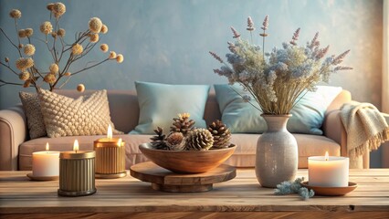 Cozy Autumnal Living Room Ambiance Featuring Lit Candles, Dried Flowers, and Pinecones