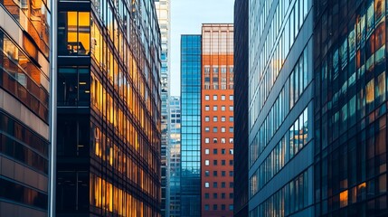 Urban skyscrapers in a city alleyway, illuminated windows reflecting light