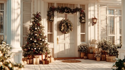 A Christmas background. The house door is decorated with Christmas ornaments. There is a Christmas tree and gifts. Christmas Eve 