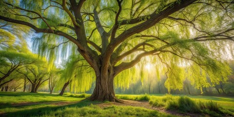Majestic Weeping Willow Tree in a Sunlit Meadow, Its Branches Draped with Vibrant Spring Foliage, Creating a Serene and Peaceful Atmosphere