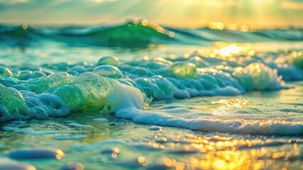 Golden Hour Seascape  Ocean Waves Crashing on Shore, Creating a Dreamlike Foamy Texture
