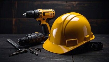Fototapeta premium Construction workers yellow hard hat and power drill on a dark wooden surface, symbolizing safety and tools.
