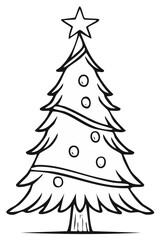 Outlined Christmas tree with star, ornaments, and ribbon is perfect for holiday-themed activities, coloring book pages