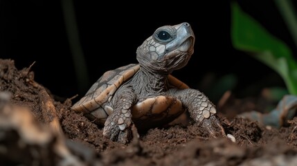 Small turtle in soil close up