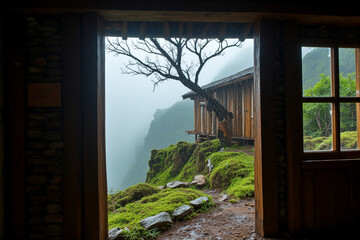 Fototapeta premium window in the garden-cliffside-hut-rainy-day-view-from-inside-thai-countryside-photorealistic-sony-a7rV-ambient-light-5000px.jpg