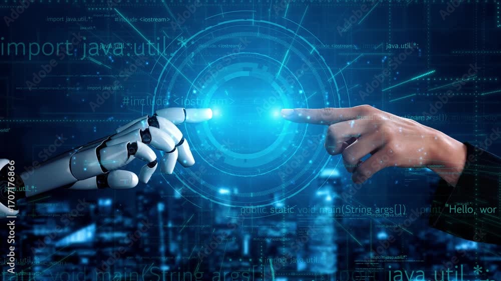 Poster a captivating image depicting the poignant moment of a human and robot touching fingertips. this vis