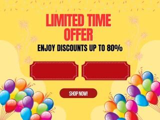 Limited Time Offer banner template with up to 80% discount and festive promotional design