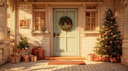 Fototapeta premium A Christmas background. The house door is decorated with Christmas ornaments. There is a Christmas tree and gifts. Christmas Eve 