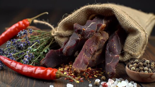 Dark Brown Spicy Beef Jerky in Burlap Sack