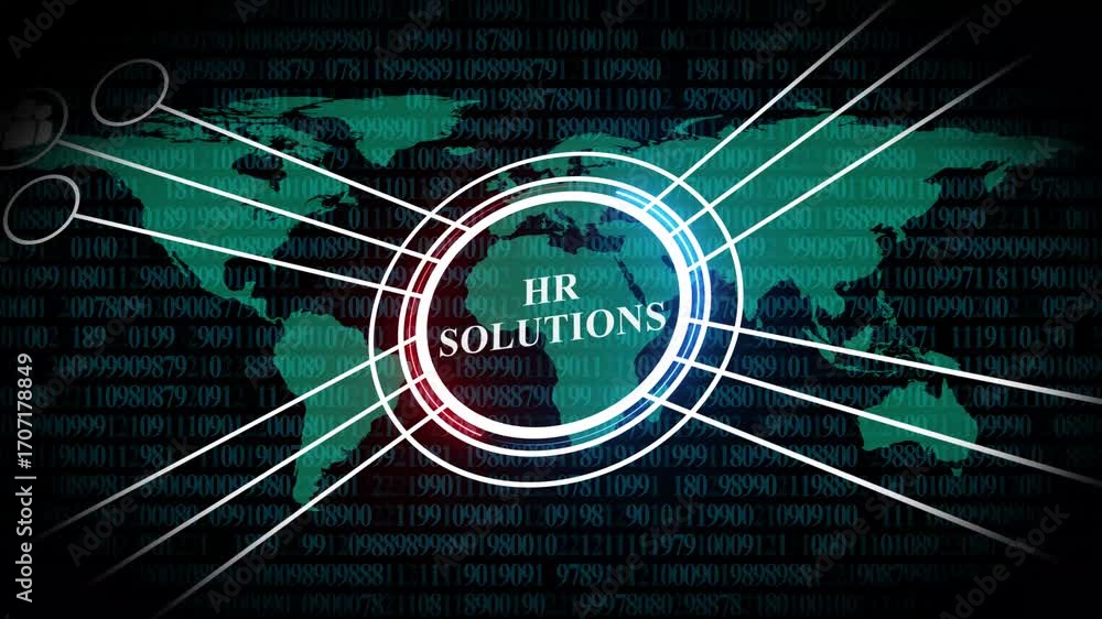 Poster world map with digital overlay and glowing circle displaying hrsolutions text global international