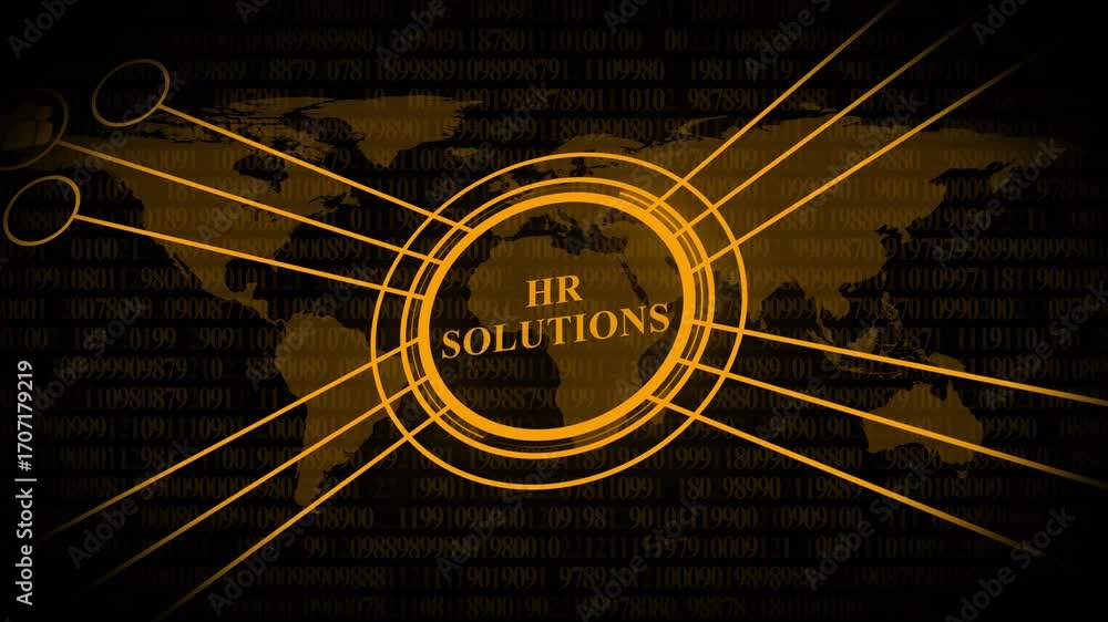 Poster world map with digital data streams and glowing orange circle with hrsolutions text global