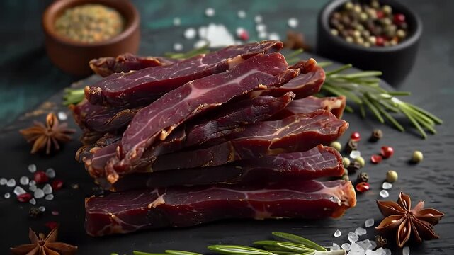 Dark Red Beef Jerky on Black Cutting Board