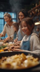 Domestic life, vertical composition of family cooking together in kitchen, laughter and warmth.