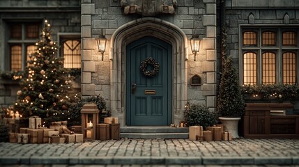 Fototapeta premium A Christmas background. The house door is decorated with Christmas ornaments. There is a Christmas tree and gifts. Christmas Eve 