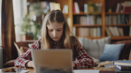 A focused young woman works on her laptop inside a library, symbolizing education, determination, knowledge, and modern academic or professional learning.