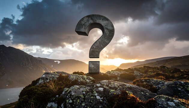 A large, weathered question mark sculpture sits atop a mountain range at sunset, under a dramatic, cloudy sky