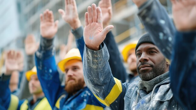 group of diverse painters in construction outfits raising their hands in unity, splashes of paint on their uniforms, expressing teamwork spirit on site.