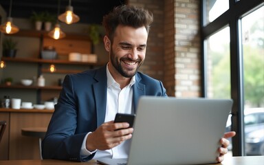 A happy businessman is sitting in a coffee shop and checking on his bank account on the mobile. There is a laptop on a table. A man using the phone for e-banking. High quality
