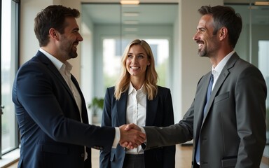 Cheerful successful leaders shaking hands while businesswomen smiling at them at corporate firm. High quality