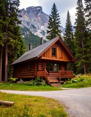 Rustic log cabin nestled in a mountain forest