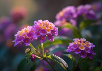 Fototapeta premium Vibrant Purple and Yellow Flowers with Dew Drops in Soft Sunlight