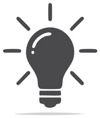 Creative light bulb with light rays, idea, and innovation concept. Dark gray vector symbol on white background.