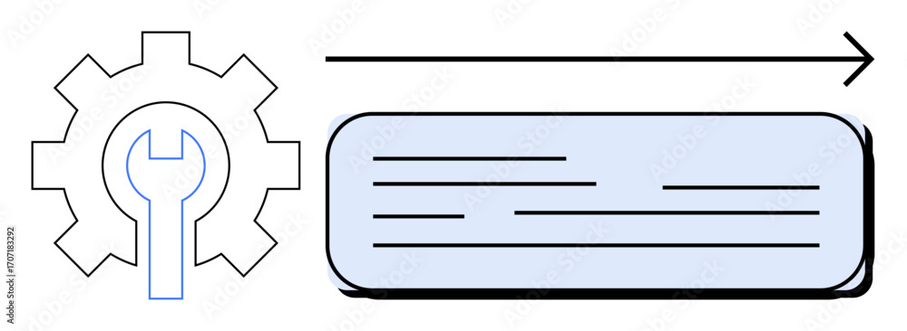 Poster gear with wrench symbol alongside directional data flow arrow and text box. ideal for technology, pr
