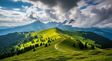 A winding path leads across a green hilltop towards distant mountains under a cloudy sky.