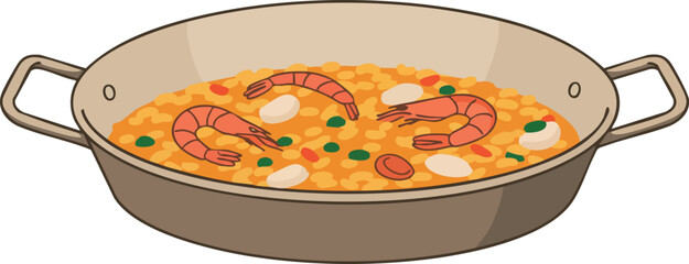 A pan of paella with shrimp and seafood. (Created Using Generative AI Tools)