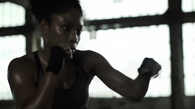 Focused Female Boxer Training in Industrial Gym