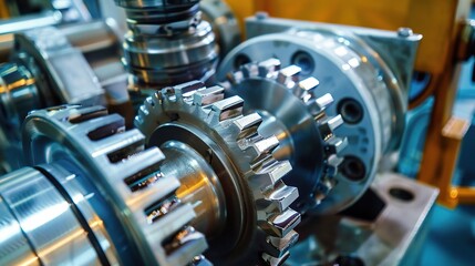 Gear pump with a compact metallic silver body and interlocking gears inside, installed in a factory, oil facility, or hydraulic system to transfer liquids like oil, fuel, or hydraulic fluid, connected