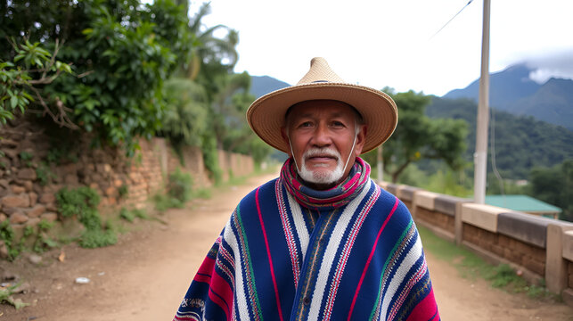 Guatape, Antioquia, Colombia. August 12, 2025. Typical Antioquian man with a poncho, hat, and carriel
