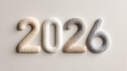 Cozy wool textured numbers arranged to display the year 2026 upon the neutral background, captured within soft lighting featuring a warm and minimal aesthetic for a calm mood